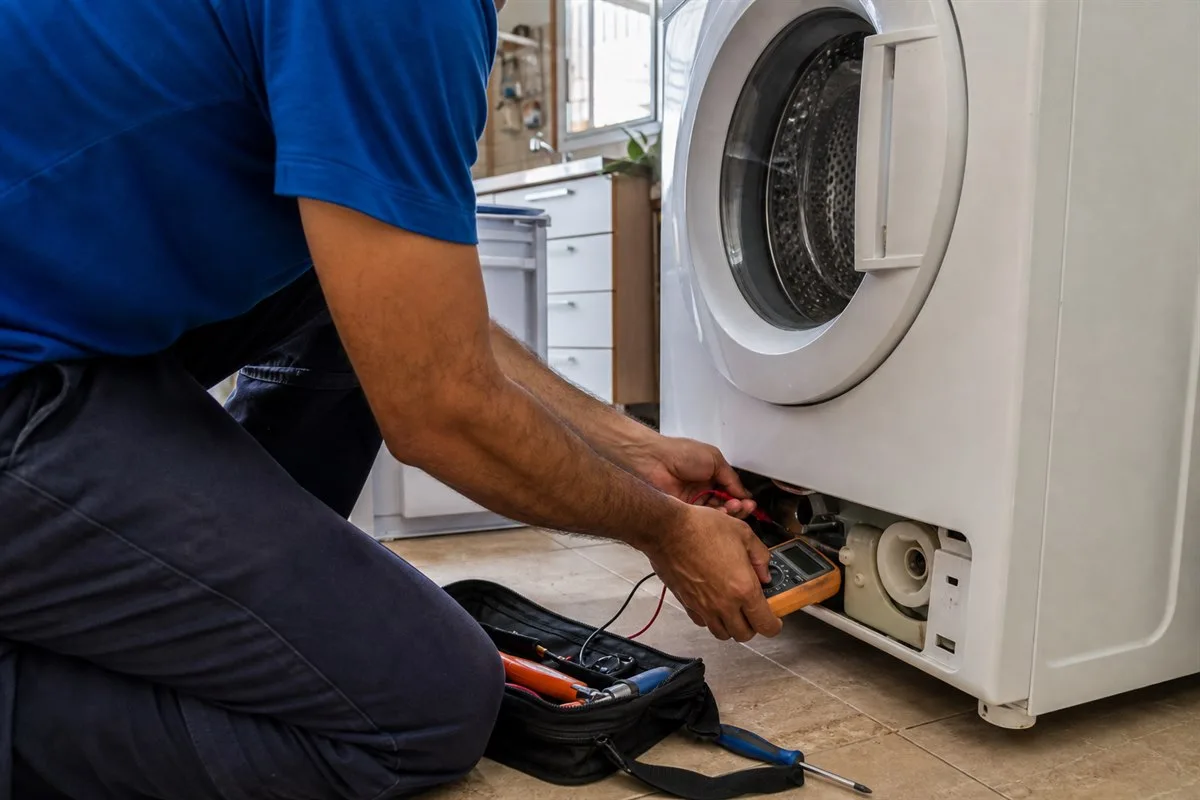 Técnico diagnosticando uma máquina de lavar com multímetro em uma residência