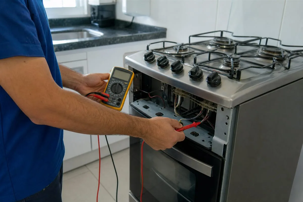 Técnico utilizando multímetro durante o diagnóstico de um eletrodoméstico de cozinha