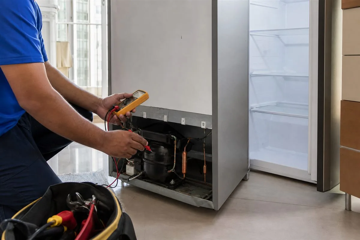 Técnico utilizando multímetro no sistema de refrigeração de um eletrodoméstico